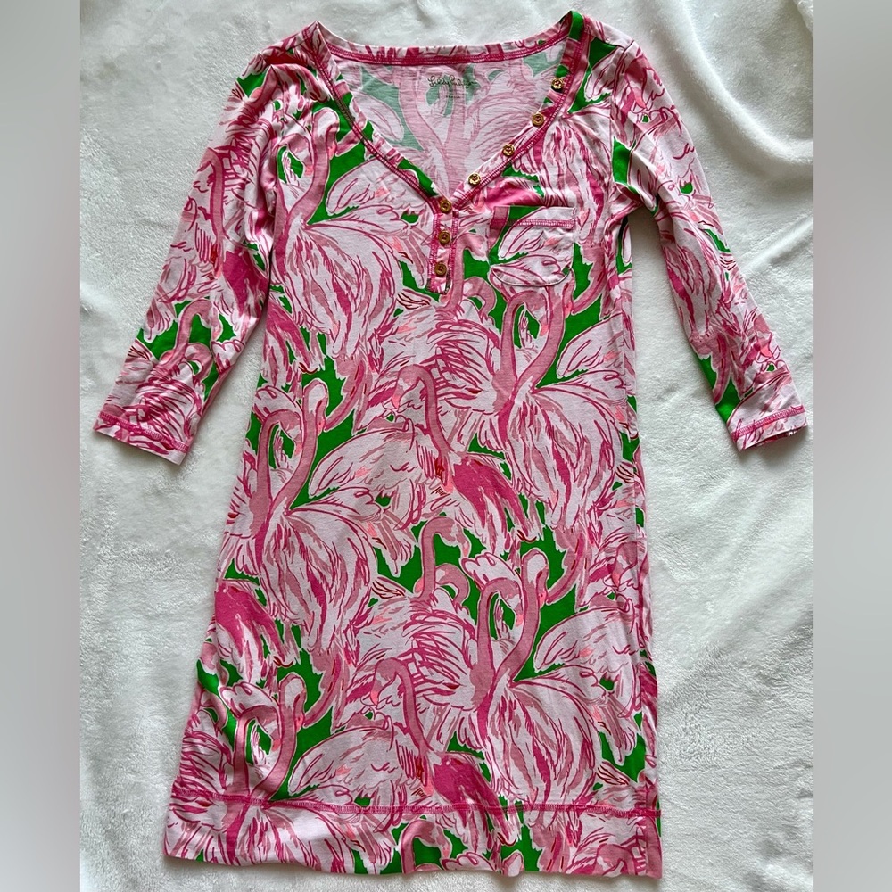 Lily Pulitzer Pink and Green Palmetto Flamingo Cotton Dress size XS Extra Small